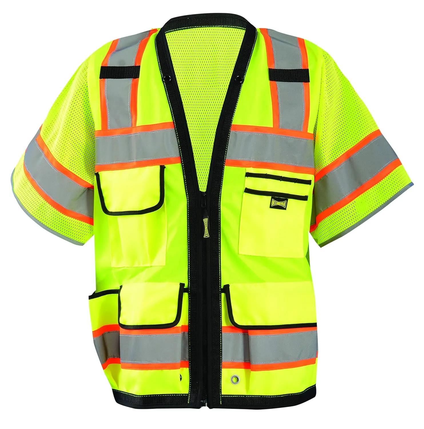 OccuNomix LUX-HDS2T3-YL Heavy Duty Solid/Mesh Two-Tone Surveyor Vest with Zipper, 8 Pockets, Class 3, 100% ANSI Polyester, Large, Yellow (High Visibility)