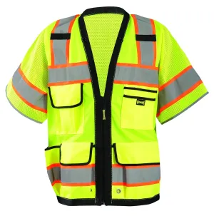 OccuNomix LUX-HDS2T3-YL Heavy Duty Solid/Mesh Two-Tone Surveyor Vest with Zipper, 8 Pockets, Class 3, 100% ANSI Polyester, Large, Yellow (High Visibility)