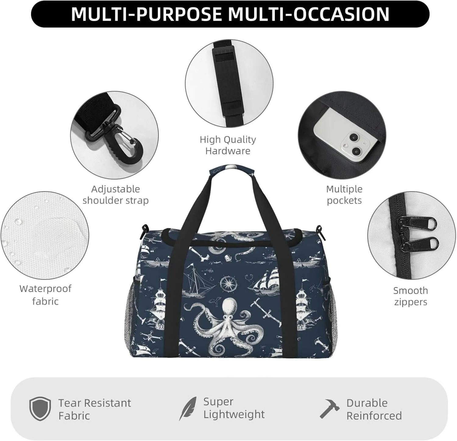 Ocean Ship Octopus Duffle Bag Foldable Travel Tote Bag Carry On Large Weekender Overnight Bags Waterproof Gym Bag For Women Men