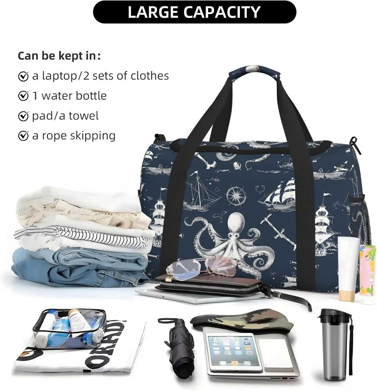 Ocean Ship Octopus Duffle Bag Foldable Travel Tote Bag Carry On Large Weekender Overnight Bags Waterproof Gym Bag For Women Men