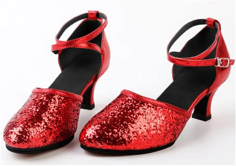 OCHENTA Women's Sequined Leather Latin Ballroom Dance Shoes Pointed Toe Salsa Tango Party Kitten Heel Pumps
