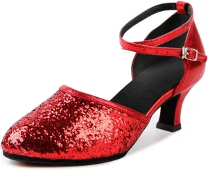 OCHENTA Women's Sequined Leather Latin Ballroom Dance Shoes Pointed Toe Salsa Tango Party Kitten Heel Pumps