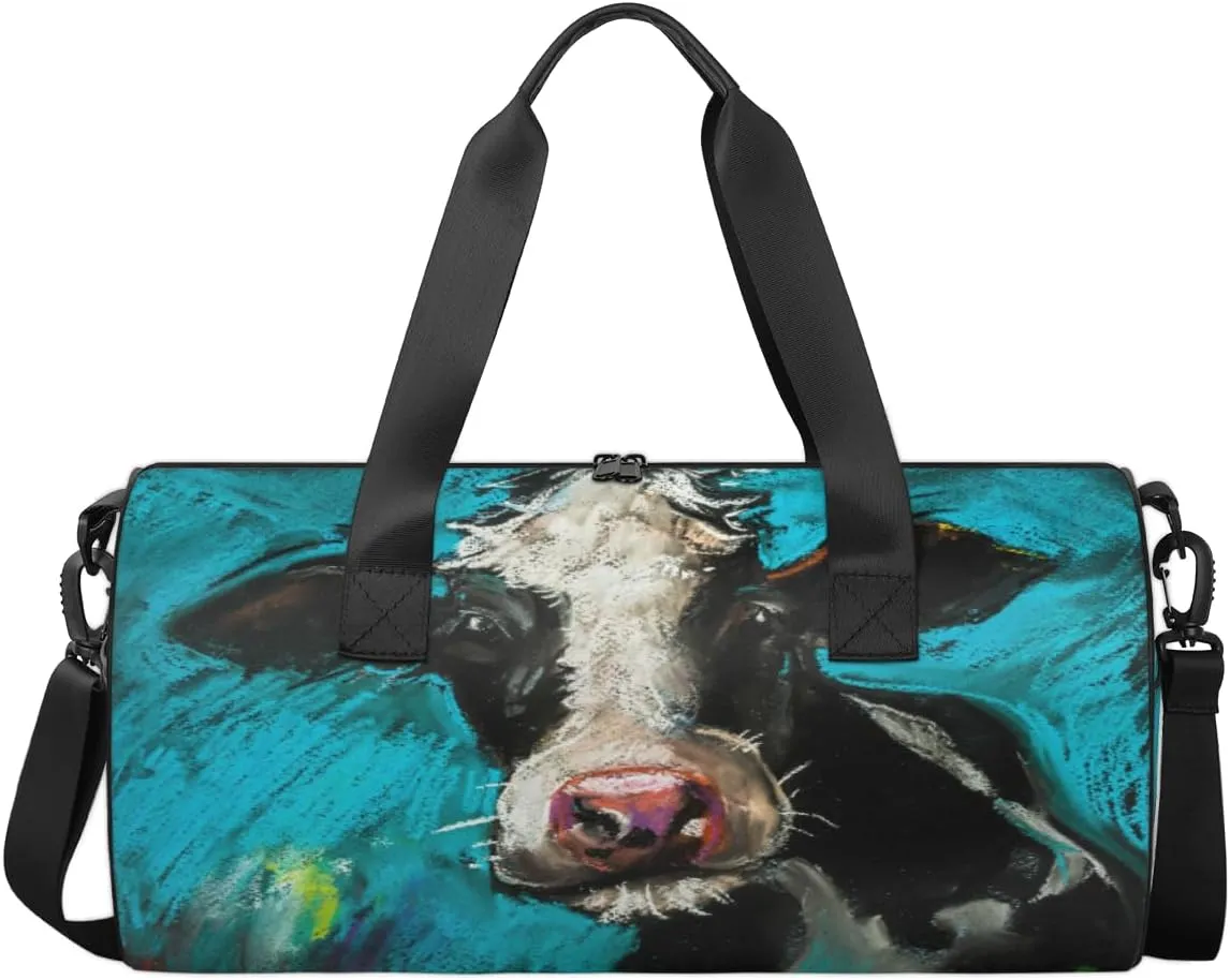 Oil Painting Cow Sports Duffel Bag, Gym Tote Bag Waterproof Weekender Travel Bag for Overnight Travel Luggage Workout Women Men