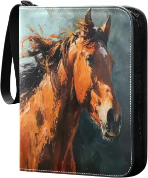 Oil Painting Horse Card Binder 4-Pocket, 400 Pockets Trading Cards Holder Games Card Albums Storage Organizer Case for Football, Baseball Cards