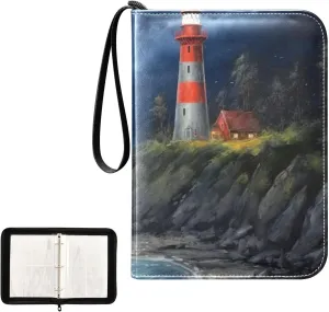 Oil Painting Lighthouse Card Binder 4-Pocket, 400 Pockets Trading Cards Holder Games Card Albums Storage Organizer Case for Football, Baseball Cards