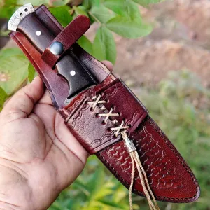 Ottoza Tanto Style Tracker Knife with Sheath & Wood Handle, Outdoor Knife Survival Knife Camping Knife - Damascus Knife - Damascus Steel Fixed Blade Hunting Knives for Men Vertical Carry Knife Sheath No:219