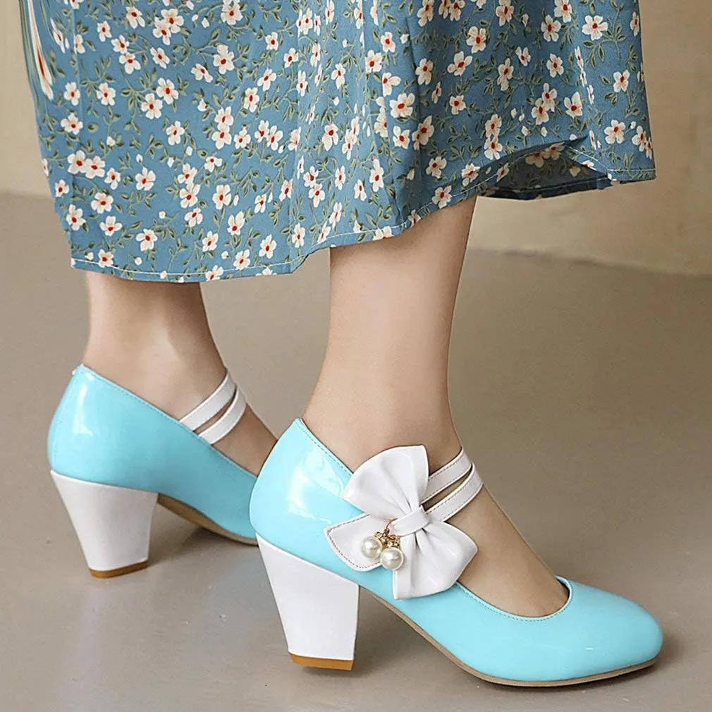 Parisuit Women's Chunky High Heels Mary Jane Pumps Vintage Ankle Strap Dress Sweet Shoes with Bow