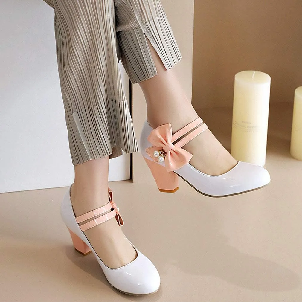 Parisuit Women's Chunky High Heels Mary Jane Pumps Vintage Ankle Strap Dress Sweet Shoes with Bow