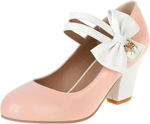 Parisuit Women's Chunky High Heels Mary Jane Pumps Vintage Ankle Strap Dress Sweet Shoes with Bow