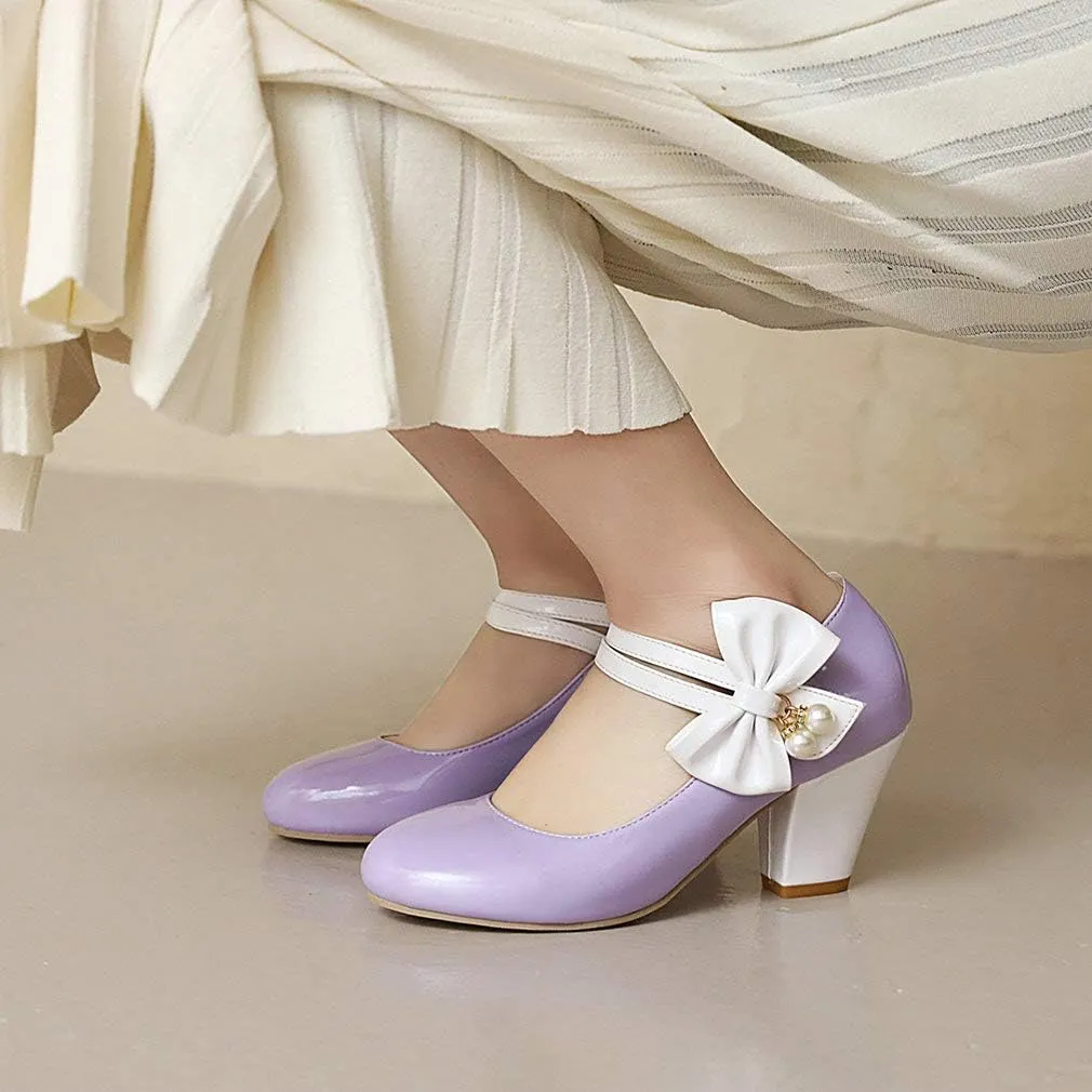 Parisuit Women's Chunky High Heels Mary Jane Pumps Vintage Ankle Strap Dress Sweet Shoes with Bow