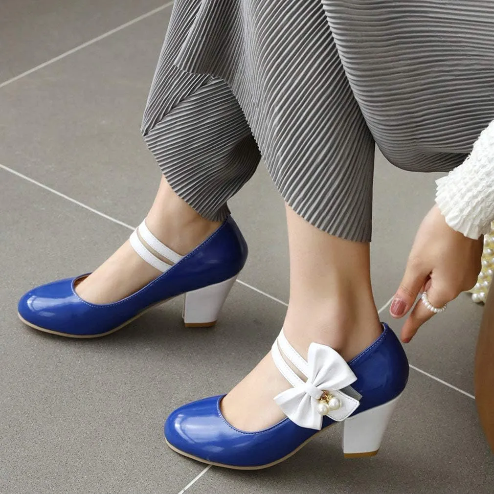 Parisuit Women's Chunky High Heels Mary Jane Pumps Vintage Ankle Strap Dress Sweet Shoes with Bow