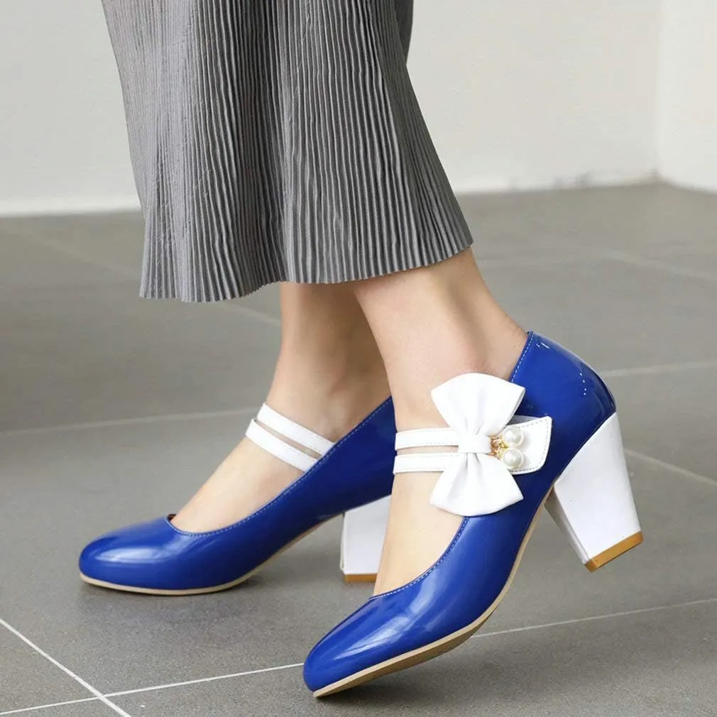 Parisuit Women's Chunky High Heels Mary Jane Pumps Vintage Ankle Strap Dress Sweet Shoes with Bow