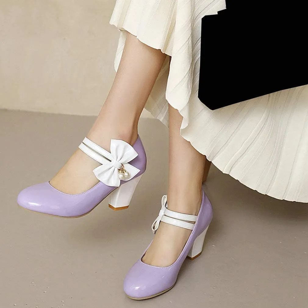 Parisuit Women's Chunky High Heels Mary Jane Pumps Vintage Ankle Strap Dress Sweet Shoes with Bow