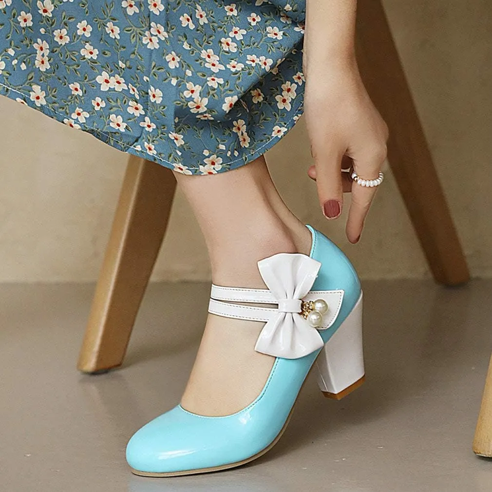 Parisuit Women's Chunky High Heels Mary Jane Pumps Vintage Ankle Strap Dress Sweet Shoes with Bow
