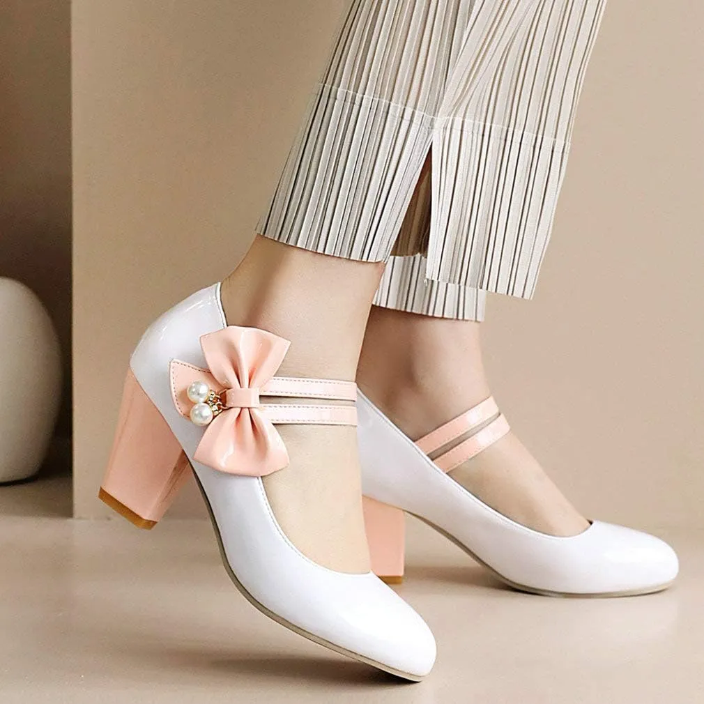 Parisuit Women's Chunky High Heels Mary Jane Pumps Vintage Ankle Strap Dress Sweet Shoes with Bow