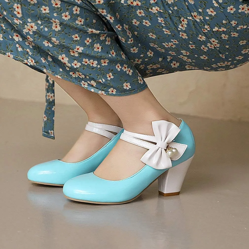 Parisuit Women's Chunky High Heels Mary Jane Pumps Vintage Ankle Strap Dress Sweet Shoes with Bow