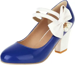 Parisuit Women's Chunky High Heels Mary Jane Pumps Vintage Ankle Strap Dress Sweet Shoes with Bow
