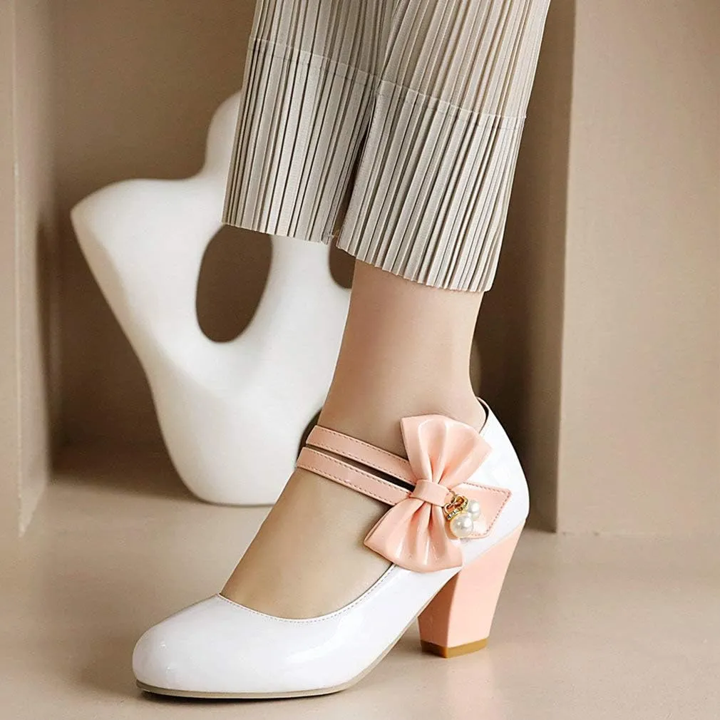 Parisuit Women's Chunky High Heels Mary Jane Pumps Vintage Ankle Strap Dress Sweet Shoes with Bow