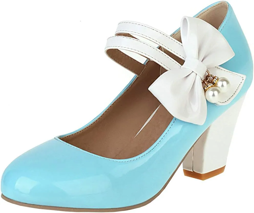 Parisuit Women's Chunky High Heels Mary Jane Pumps Vintage Ankle Strap Dress Sweet Shoes with Bow