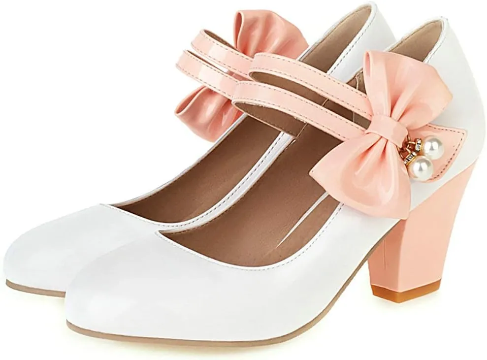 Parisuit Women's Chunky High Heels Mary Jane Pumps Vintage Ankle Strap Dress Sweet Shoes with Bow