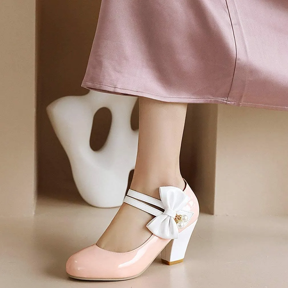 Parisuit Women's Chunky High Heels Mary Jane Pumps Vintage Ankle Strap Dress Sweet Shoes with Bow