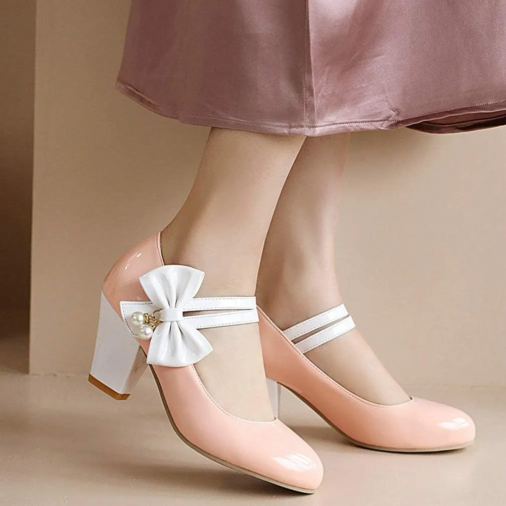 Parisuit Women's Chunky High Heels Mary Jane Pumps Vintage Ankle Strap Dress Sweet Shoes with Bow