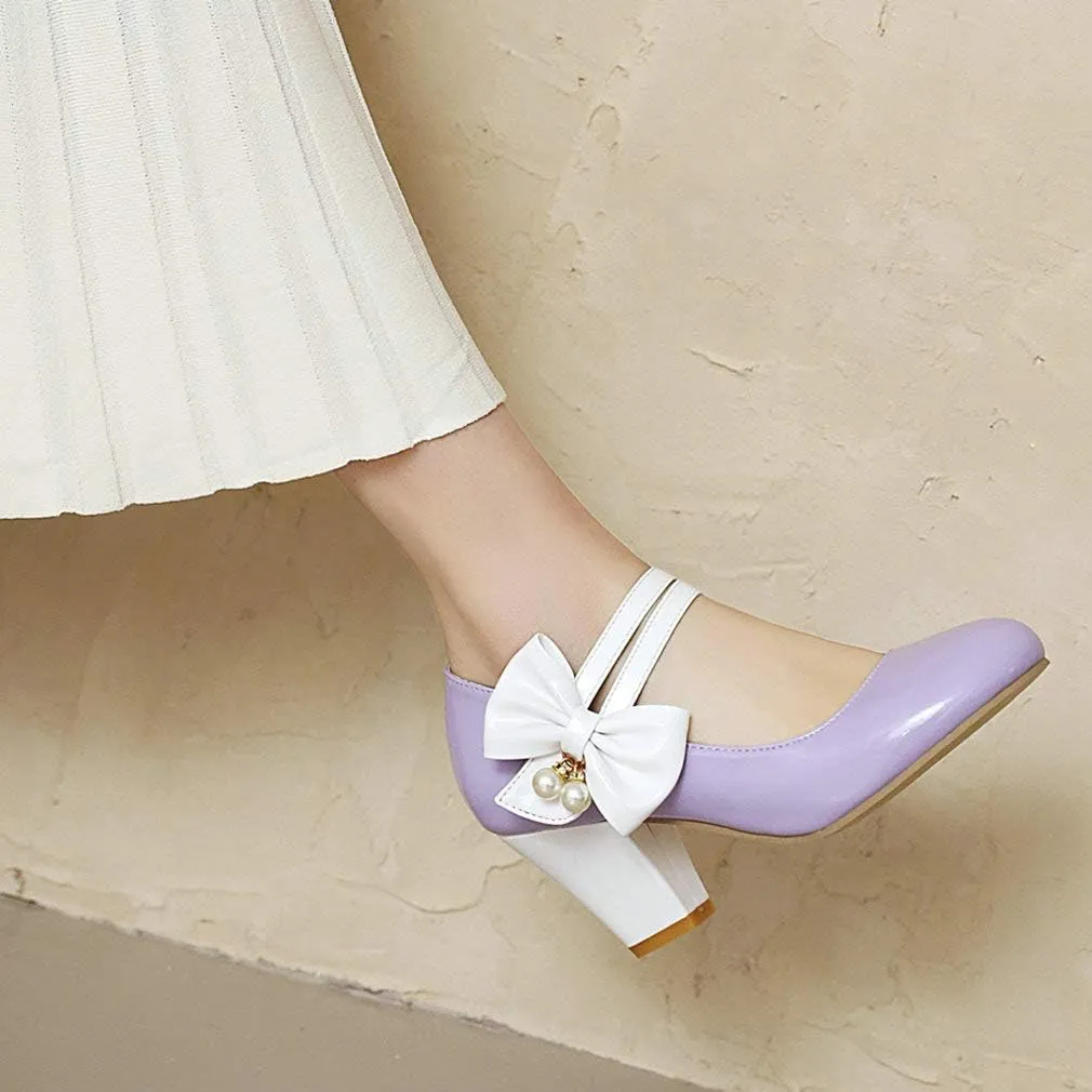 Parisuit Women's Chunky High Heels Mary Jane Pumps Vintage Ankle Strap Dress Sweet Shoes with Bow