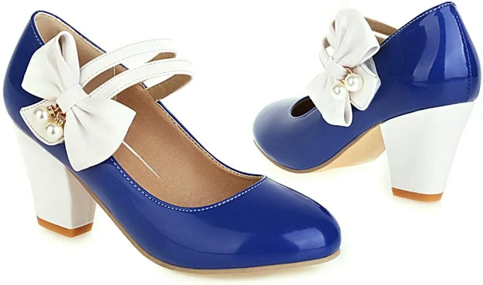 Parisuit Women's Chunky High Heels Mary Jane Pumps Vintage Ankle Strap Dress Sweet Shoes with Bow