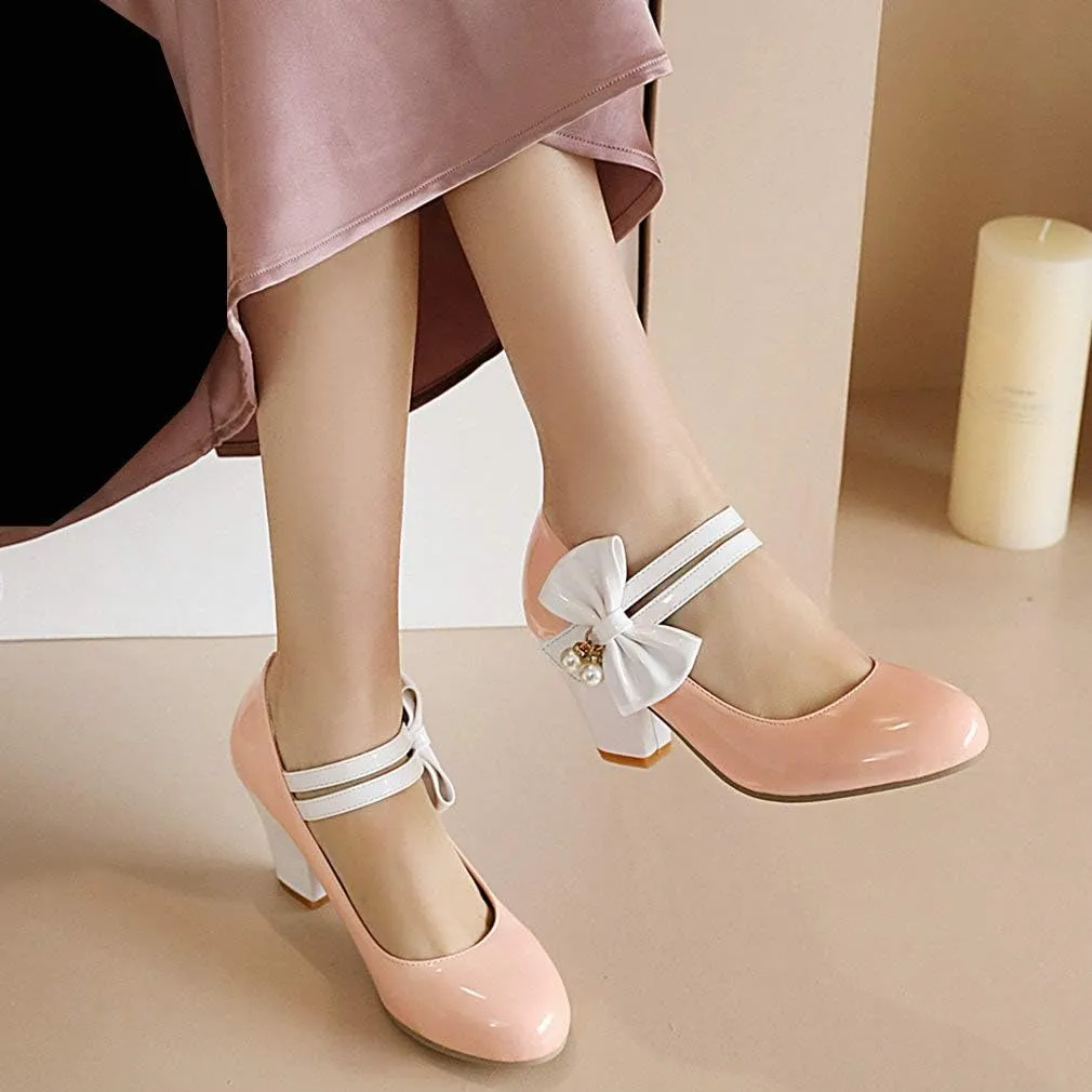 Parisuit Women's Chunky High Heels Mary Jane Pumps Vintage Ankle Strap Dress Sweet Shoes with Bow