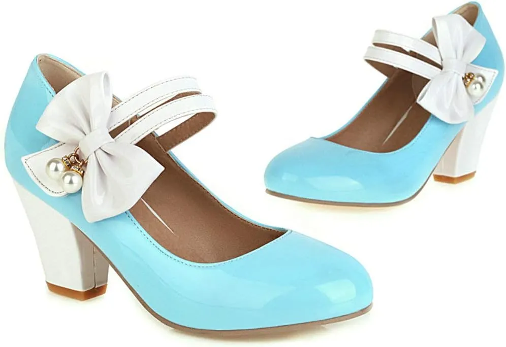 Parisuit Women's Chunky High Heels Mary Jane Pumps Vintage Ankle Strap Dress Sweet Shoes with Bow