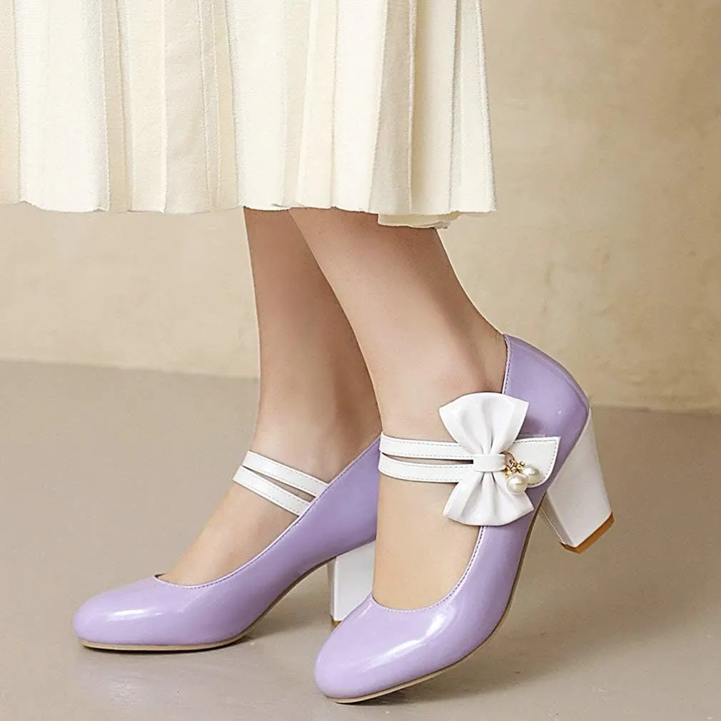 Parisuit Women's Chunky High Heels Mary Jane Pumps Vintage Ankle Strap Dress Sweet Shoes with Bow