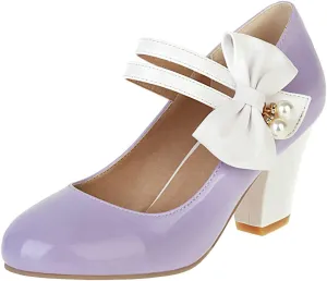 Parisuit Women's Chunky High Heels Mary Jane Pumps Vintage Ankle Strap Dress Sweet Shoes with Bow