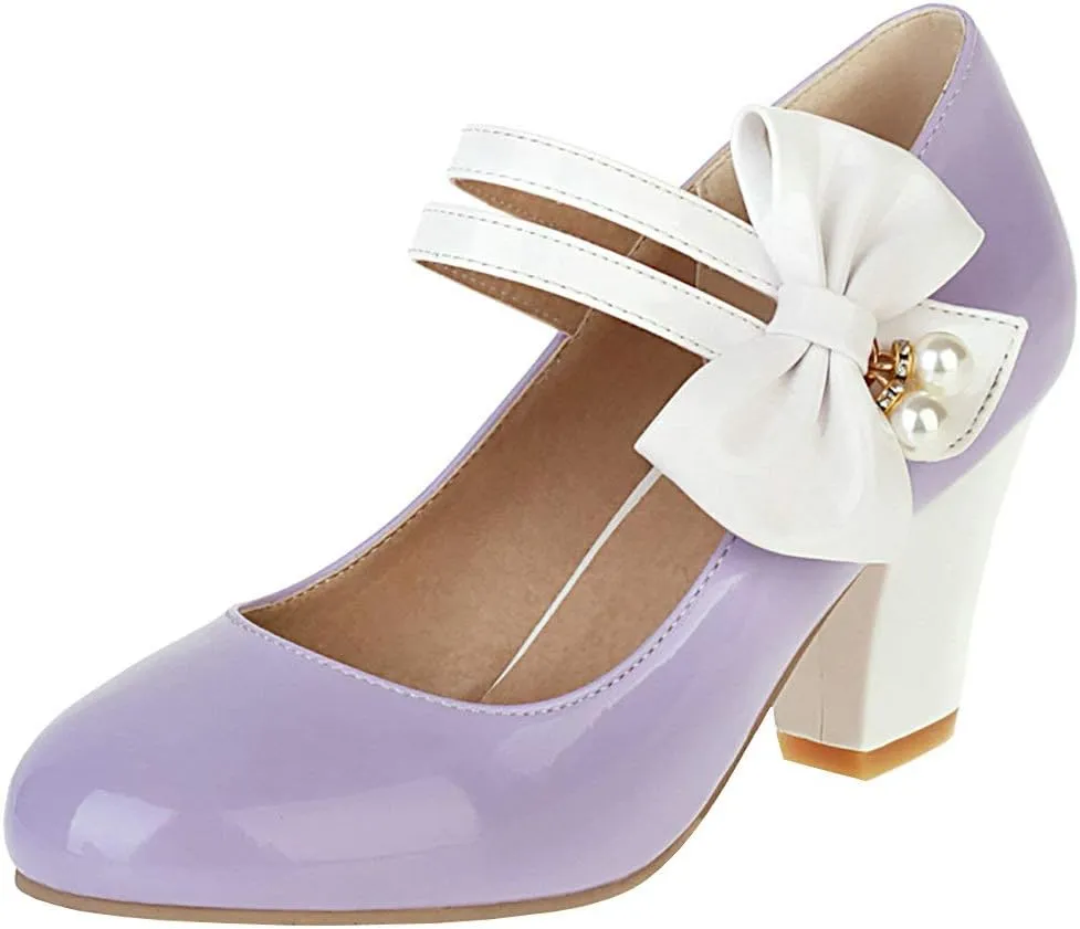 Parisuit Women's Chunky High Heels Mary Jane Pumps Vintage Ankle Strap Dress Sweet Shoes with Bow