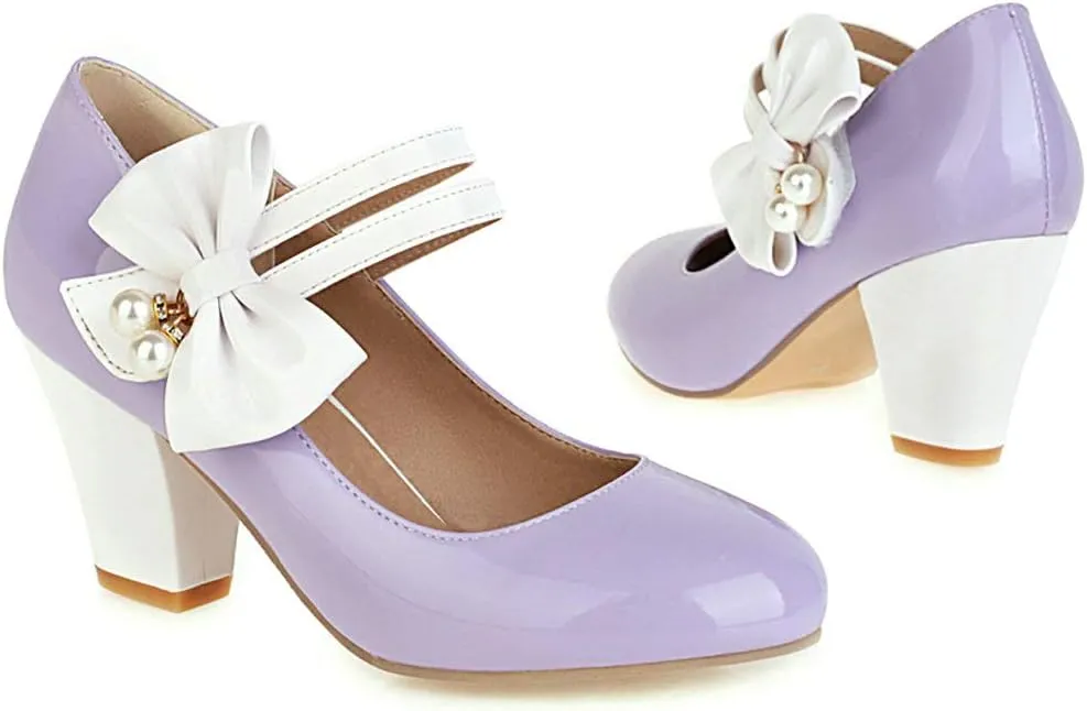 Parisuit Women's Chunky High Heels Mary Jane Pumps Vintage Ankle Strap Dress Sweet Shoes with Bow