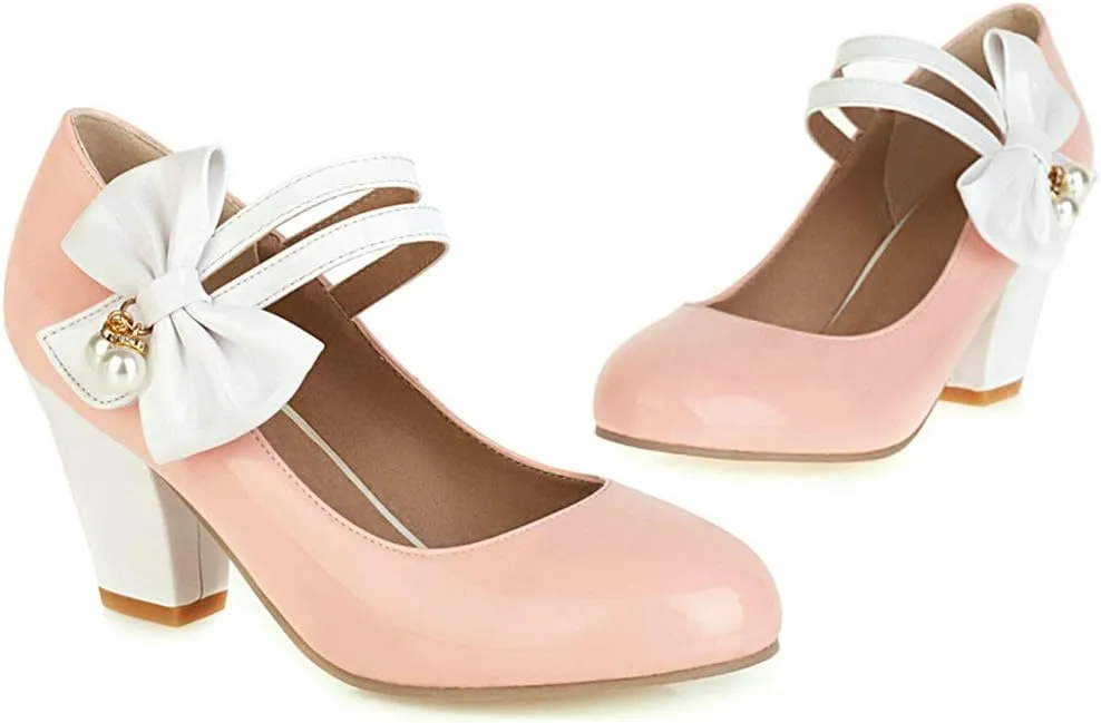 Parisuit Women's Chunky High Heels Mary Jane Pumps Vintage Ankle Strap Dress Sweet Shoes with Bow