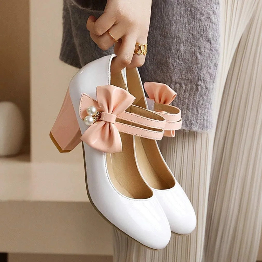 Parisuit Women's Chunky High Heels Mary Jane Pumps Vintage Ankle Strap Dress Sweet Shoes with Bow