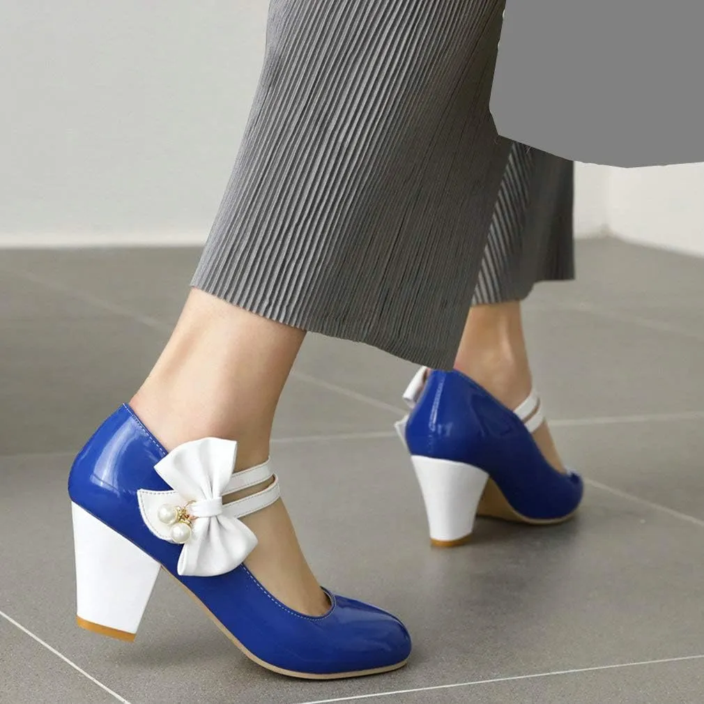 Parisuit Women's Chunky High Heels Mary Jane Pumps Vintage Ankle Strap Dress Sweet Shoes with Bow