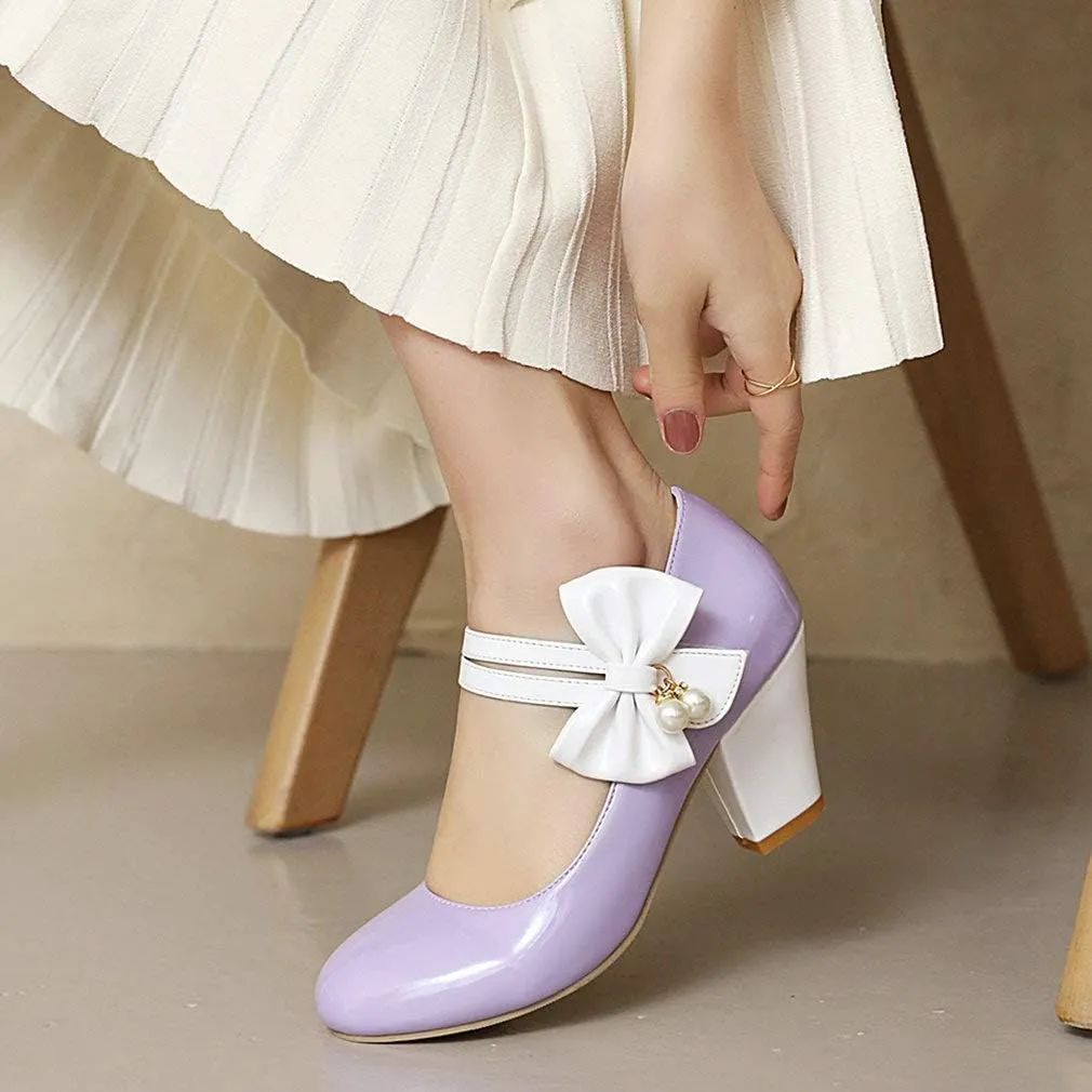 Parisuit Women's Chunky High Heels Mary Jane Pumps Vintage Ankle Strap Dress Sweet Shoes with Bow