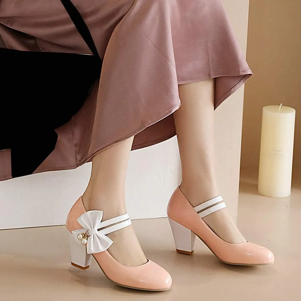 Parisuit Women's Chunky High Heels Mary Jane Pumps Vintage Ankle Strap Dress Sweet Shoes with Bow