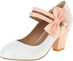 Parisuit Women's Chunky High Heels Mary Jane Pumps Vintage Ankle Strap Dress Sweet Shoes with Bow