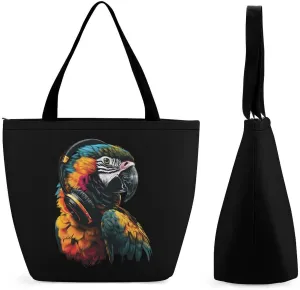 Parrot Music Art Headphones Womens Tote Bag Purse with Zippered Shoulder Handbags For Work