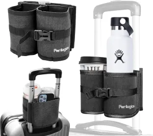 Perilogics Luggage Travel Cup Holder Hands Free Drink Caddy for Suitcase Handle. Perfect Airplane Travel Essential Accessory Gift for Frequent Traveler, Flight Attendant or with Children (Dark Gray)