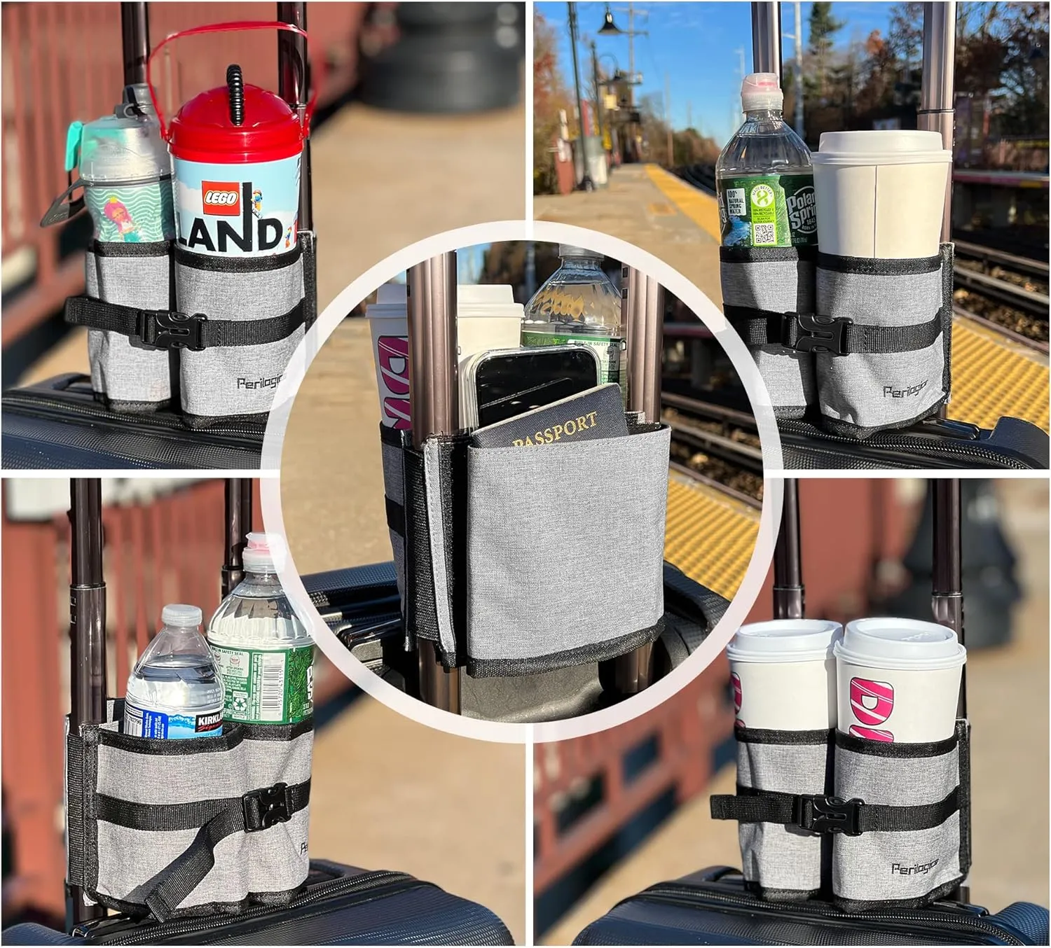 Perilogics Luggage Travel Cup Holder Hands Free Drink Caddy for Suitcase Handle. Perfect Airplane Travel Essential Accessory Gift for Frequent Traveler, Flight Attendant or with Children (Dark Gray)