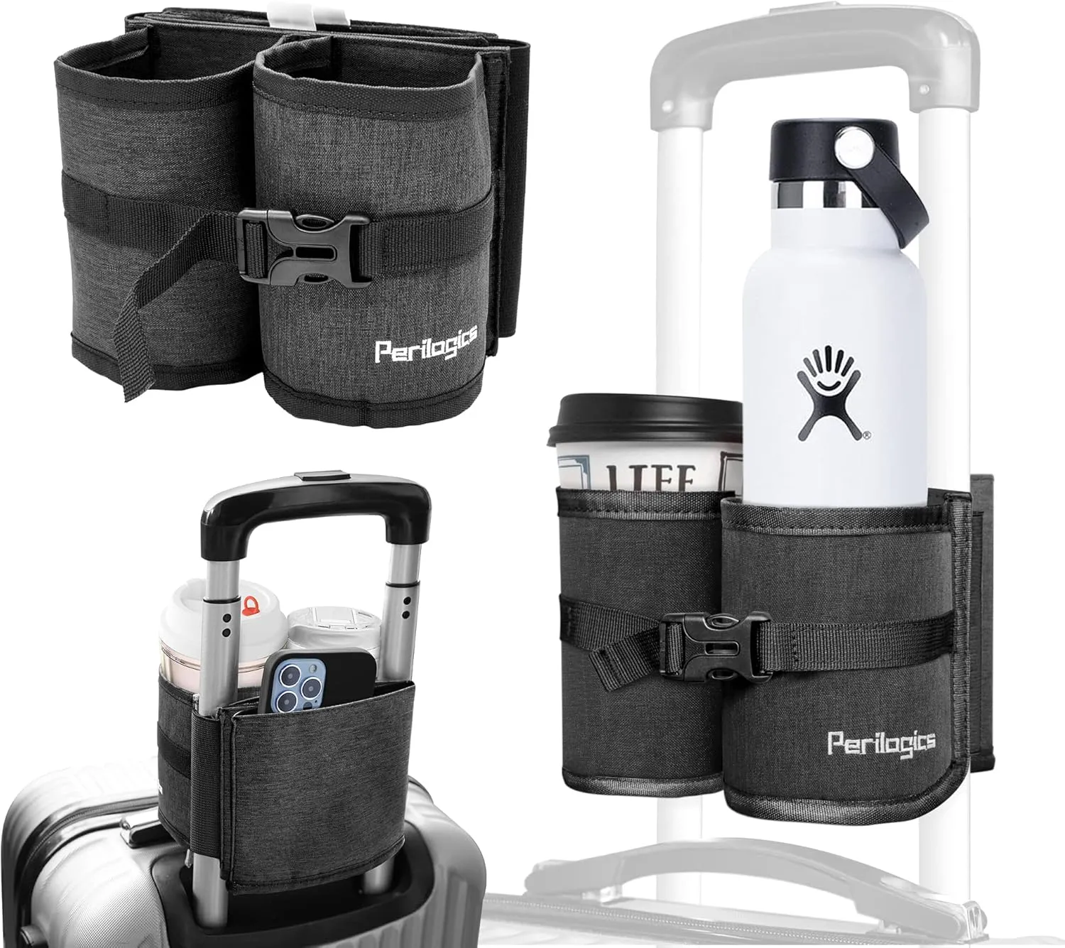 Perilogics Luggage Travel Cup Holder Hands Free Drink Caddy for Suitcase Handle. Perfect Airplane Travel Essential Accessory Gift for Frequent Traveler, Flight Attendant or with Children (Dark Gray)