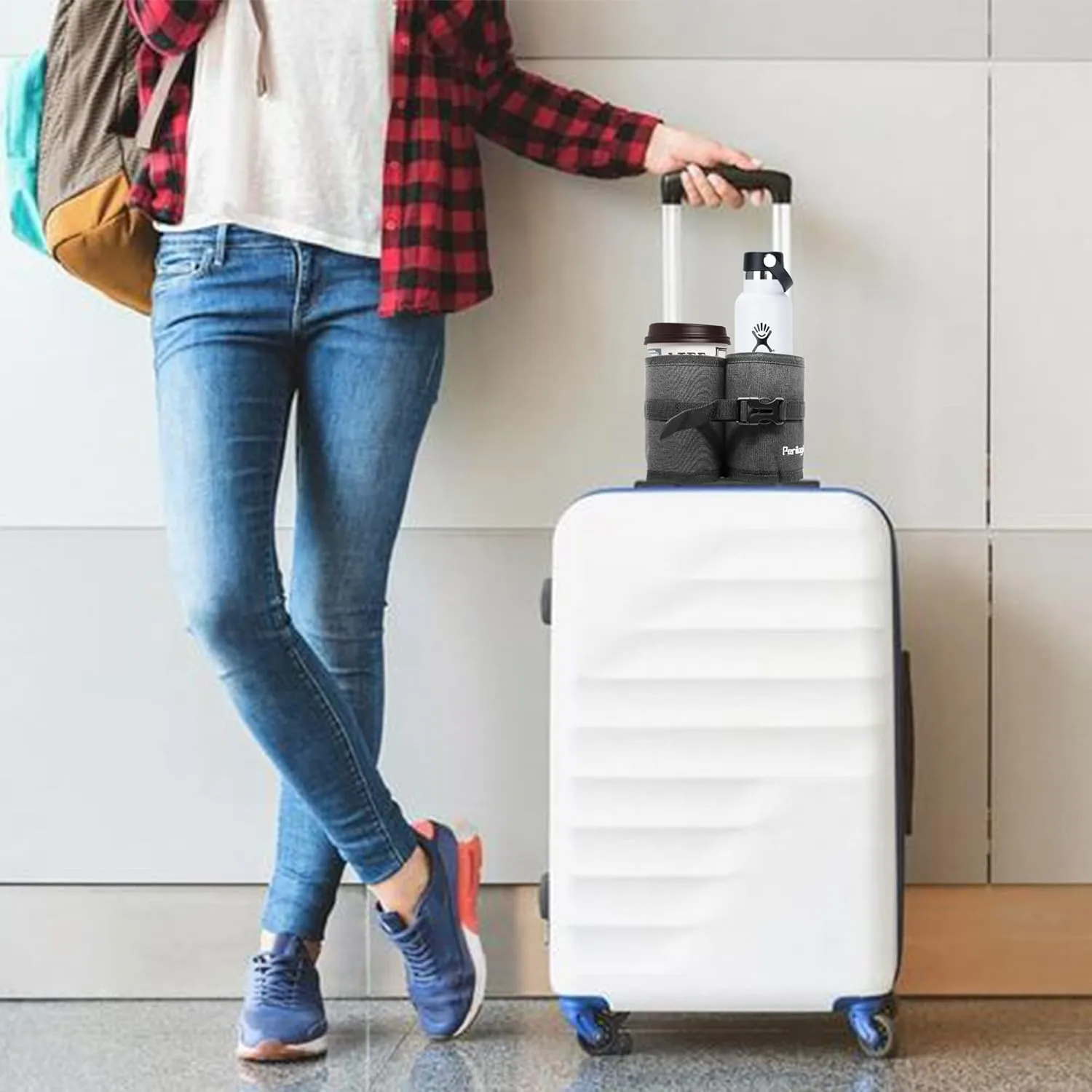 Perilogics Luggage Travel Cup Holder Hands Free Drink Caddy for Suitcase Handle. Perfect Airplane Travel Essential Accessory Gift for Frequent Traveler, Flight Attendant or with Children (Dark Gray)