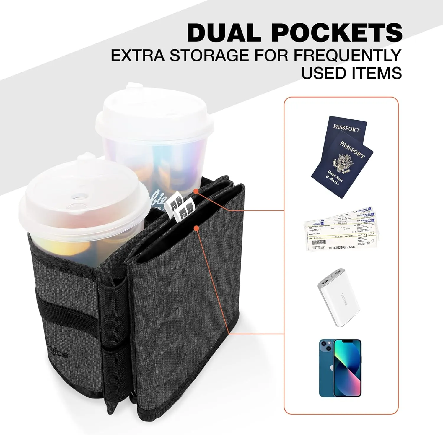 Perilogics Luggage Travel Cup Holder Hands Free Drink Caddy for Suitcase Handle. Perfect Airplane Travel Essential Accessory Gift for Frequent Traveler, Flight Attendant or with Children (Dark Gray)