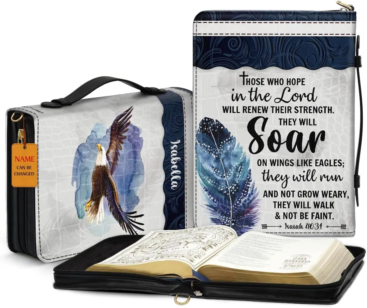Personalized Bible Covers With Custom Name - Soar On Wings Like Eagle Bible Organizer Case - Leather Bible Book Zipper Bag - Christian Gifts For Women & Men - Bible Holder Carrying Case XLarge Size