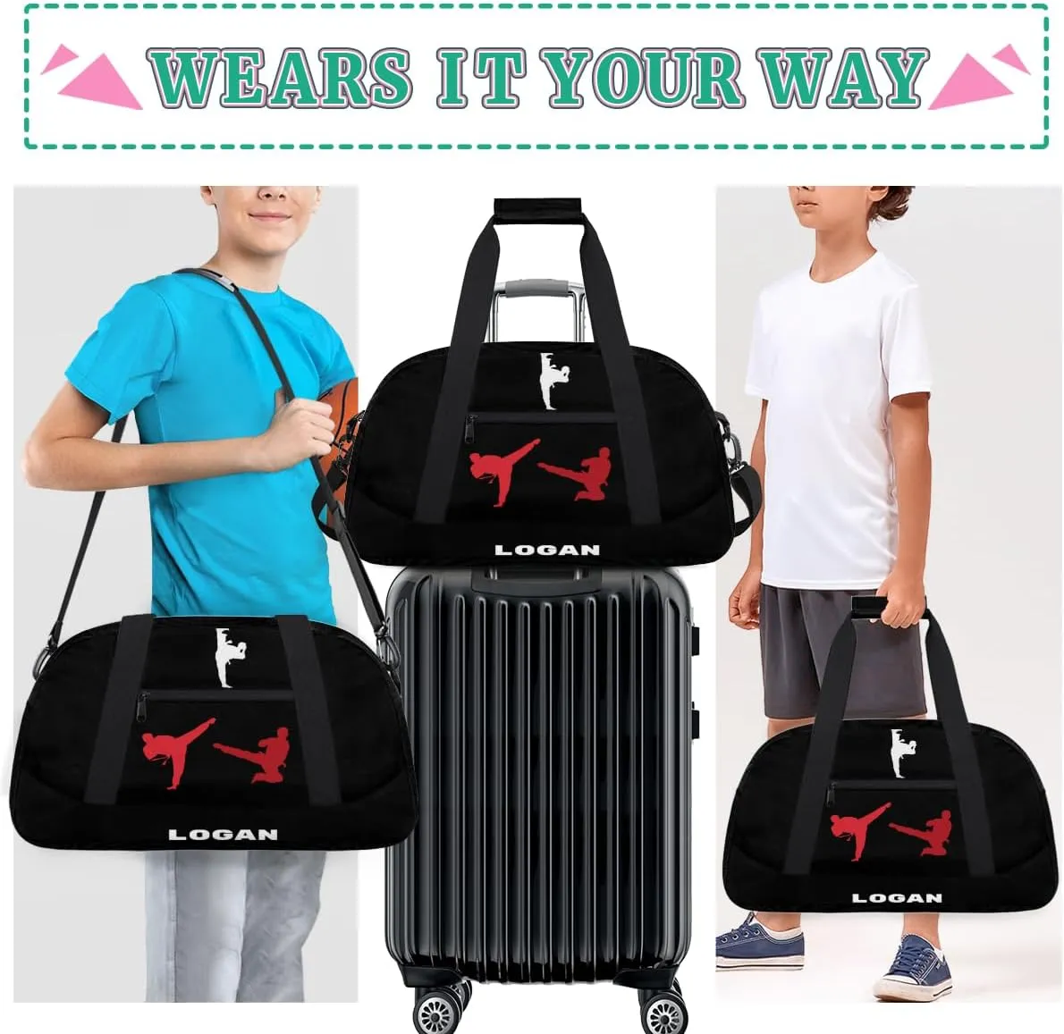 Personalized Boy Sports Bag, Custom Sport Duffel Bag, Cheerleading Dance Bag Weekender Bags Travel Duffel Bag for Red White Martial Arts, Black