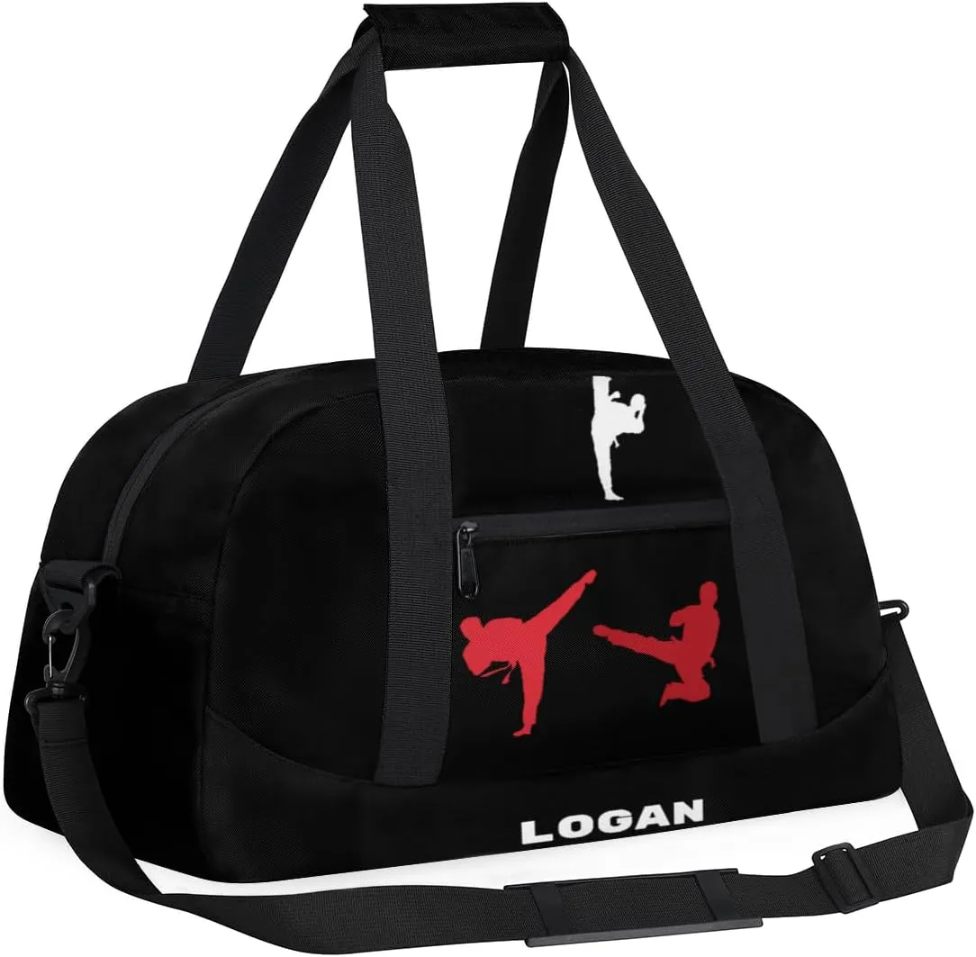 Personalized Boy Sports Bag, Custom Sport Duffel Bag, Cheerleading Dance Bag Weekender Bags Travel Duffel Bag for Red White Martial Arts, Black
