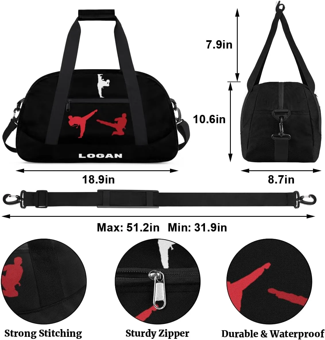 Personalized Boy Sports Bag, Custom Sport Duffel Bag, Cheerleading Dance Bag Weekender Bags Travel Duffel Bag for Red White Martial Arts, Black